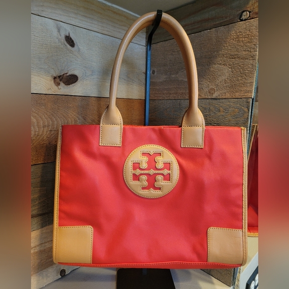 Tory Burch Red and Tan Vegan Leather Ella Tote Bag with Signature Medallion - Picture 3 of 12